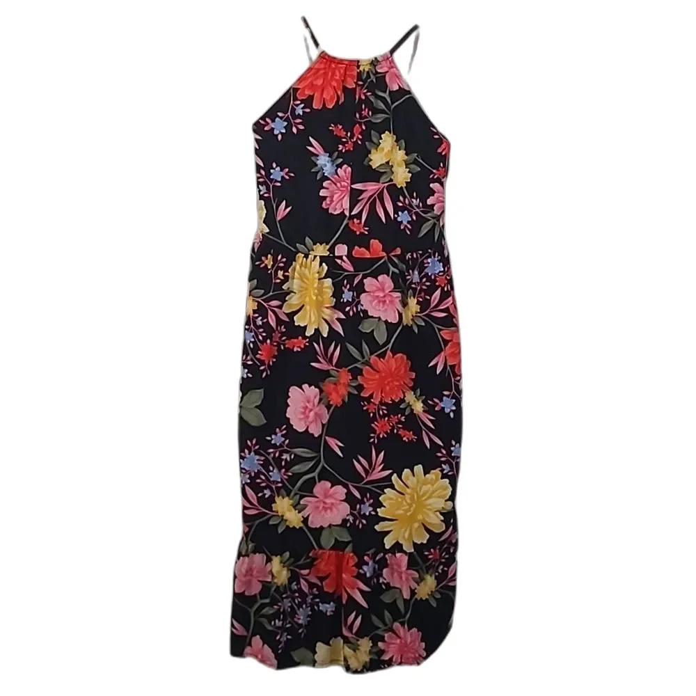 Old Navy Halter Sundress Spaghetti Strap Floral Print Tea Length Ruffle Dress